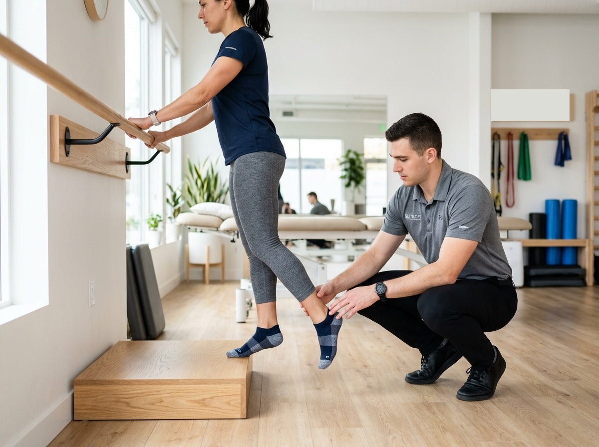 Patient performing a supervised foot and calf strengthening exercise for heel pain recovery