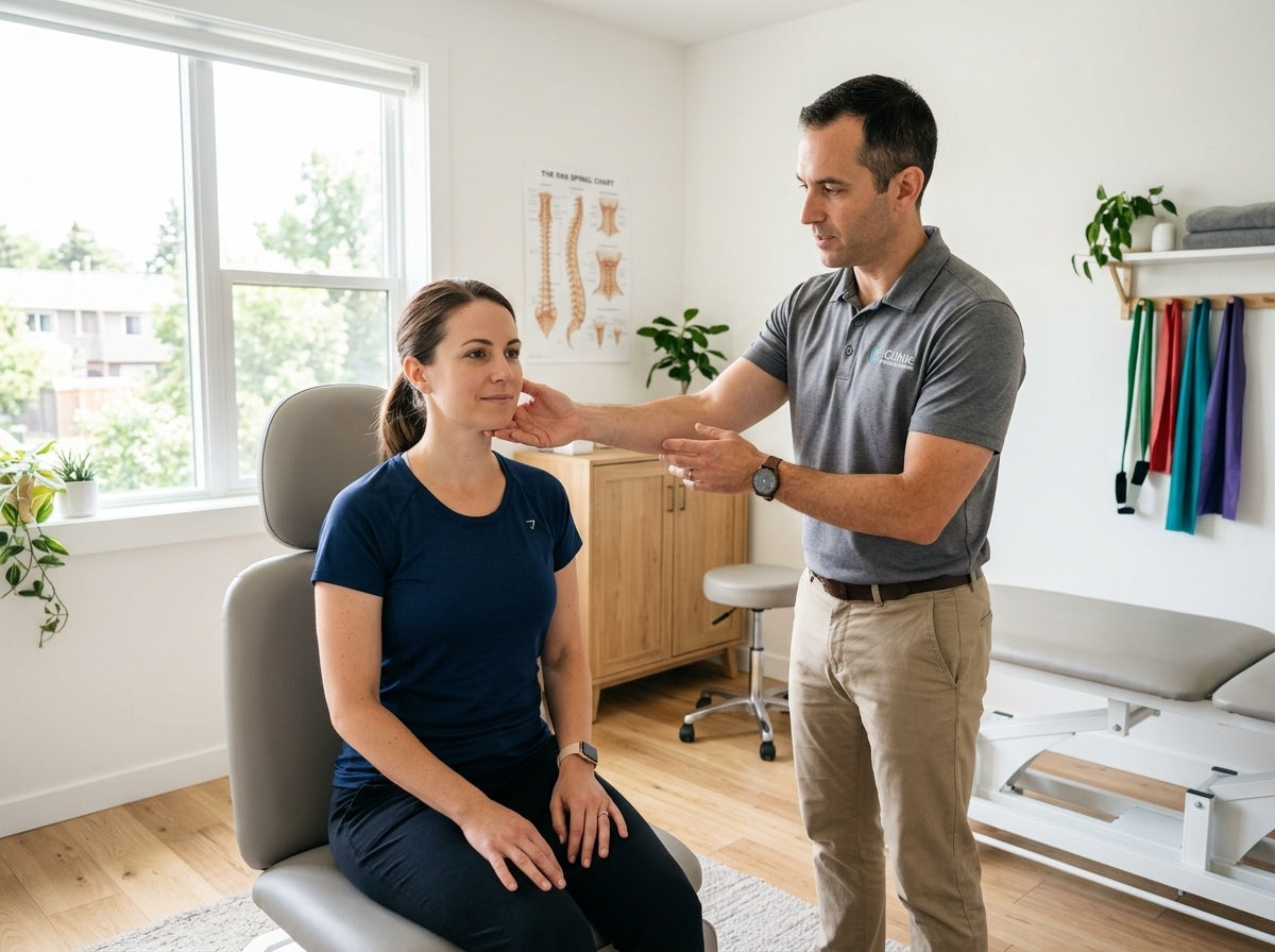 Patient receiving guided jaw movement and posture instruction during TMJ rehabilitation