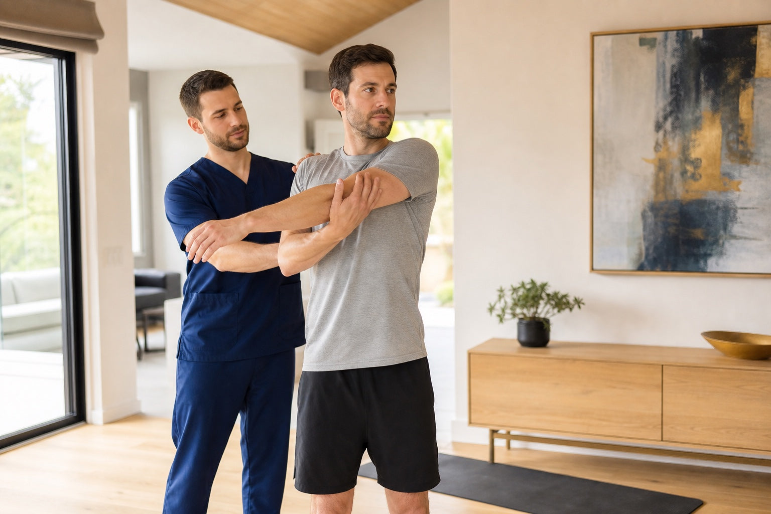 Physical therapist guiding an adult client through a movement assessment in a bright modern residence