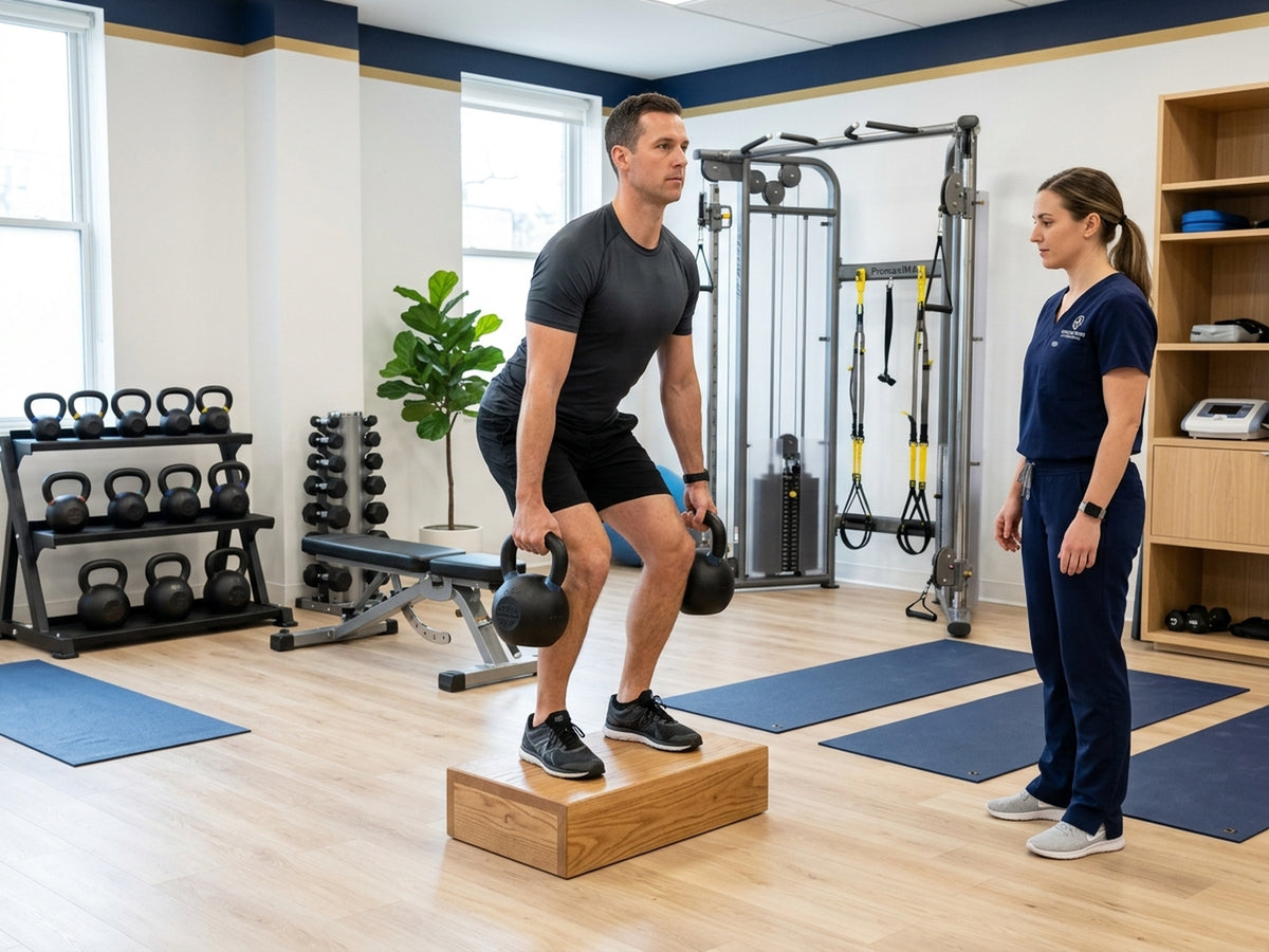 Strength coach supervising a client's kettlebell exercise in a rehabilitation gym