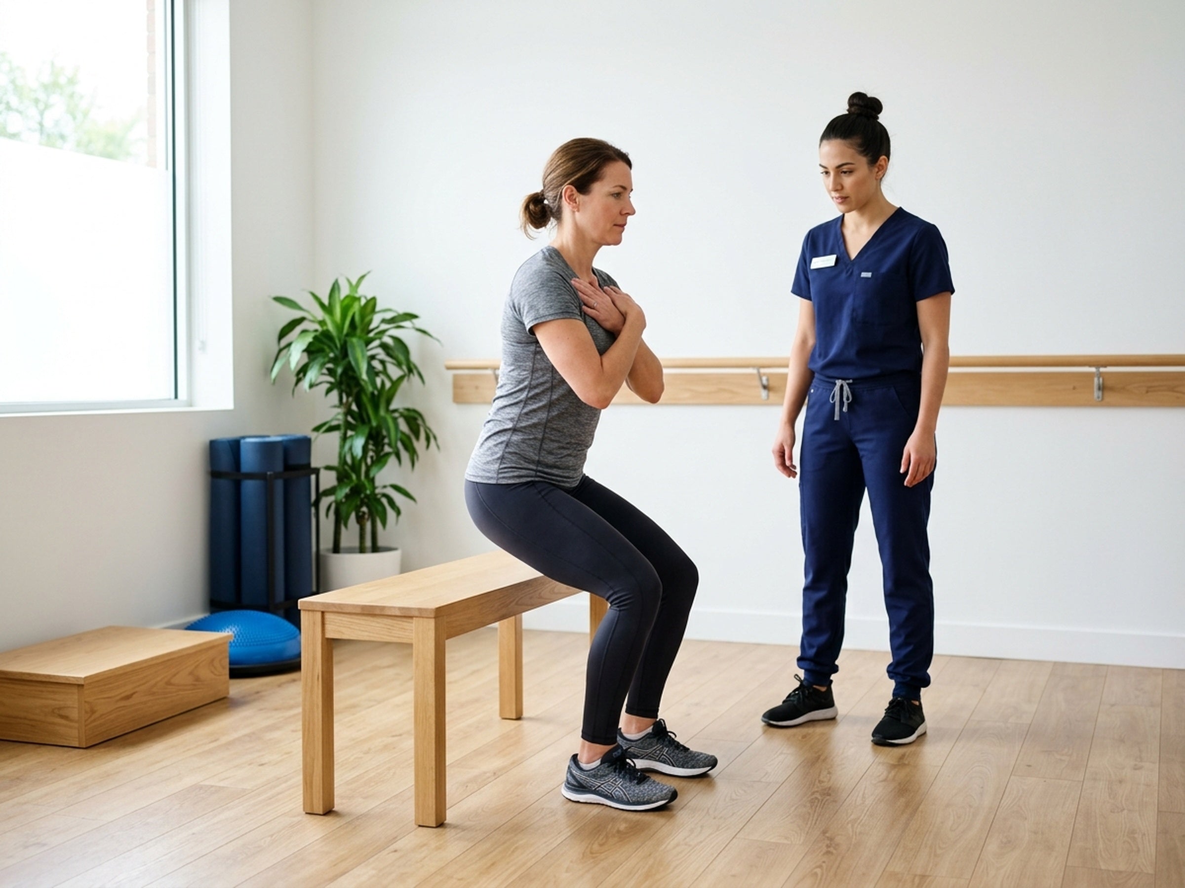 Patient performing a controlled sit-to-stand knee exercise