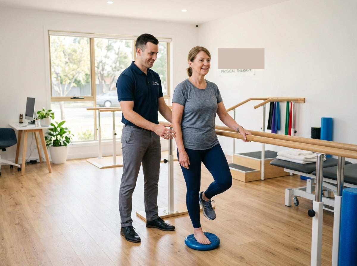 Patient performing a supervised balance rehabilitation exercise with a physiotherapist